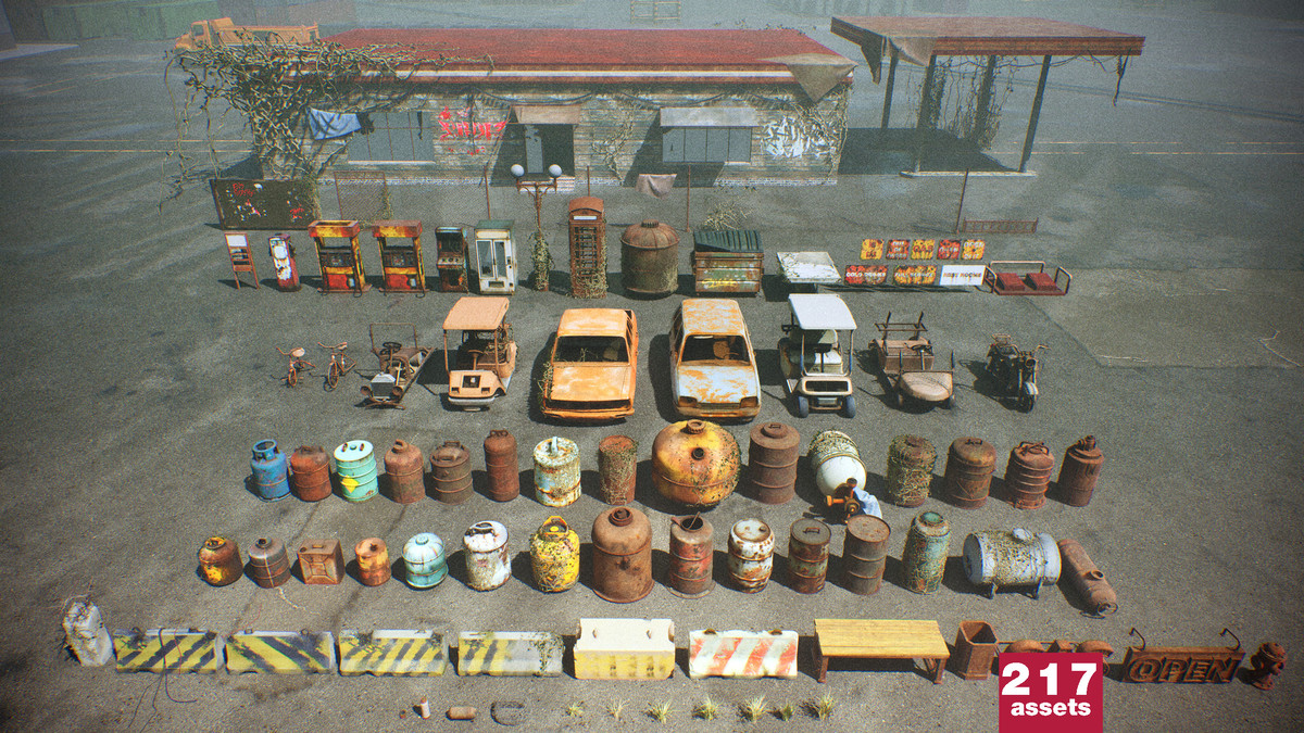 Post-Apocalyptic Junkyard Rusty Gas Station Props Pack (217 3d assets)