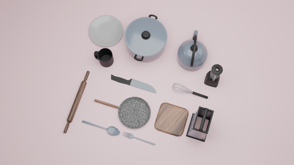 3D – Kitchen set: Forks, spoons, pots, and much more.