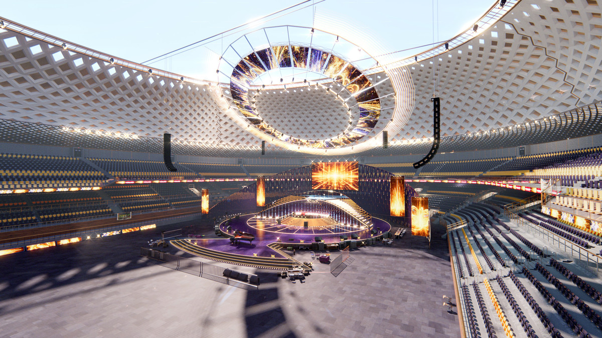 Golden Concert Arena Stadium 3D Model - Futuristic Environment with Stage, Props