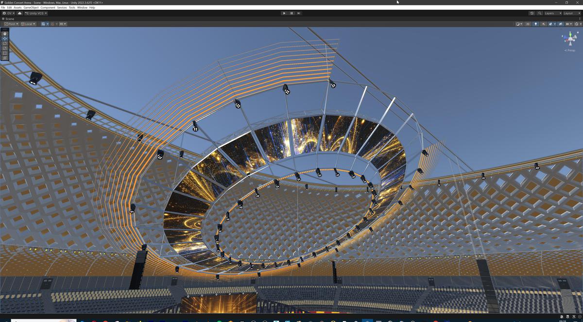 Golden Concert Arena Stadium 3D Model - Futuristic Environment with Stage, Props