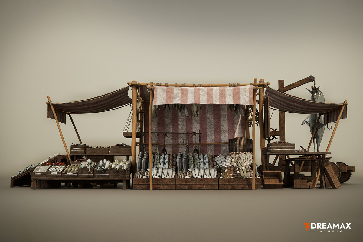 Medieval Fish Market Stalls & Seafood Display Props Pack Vol. 1