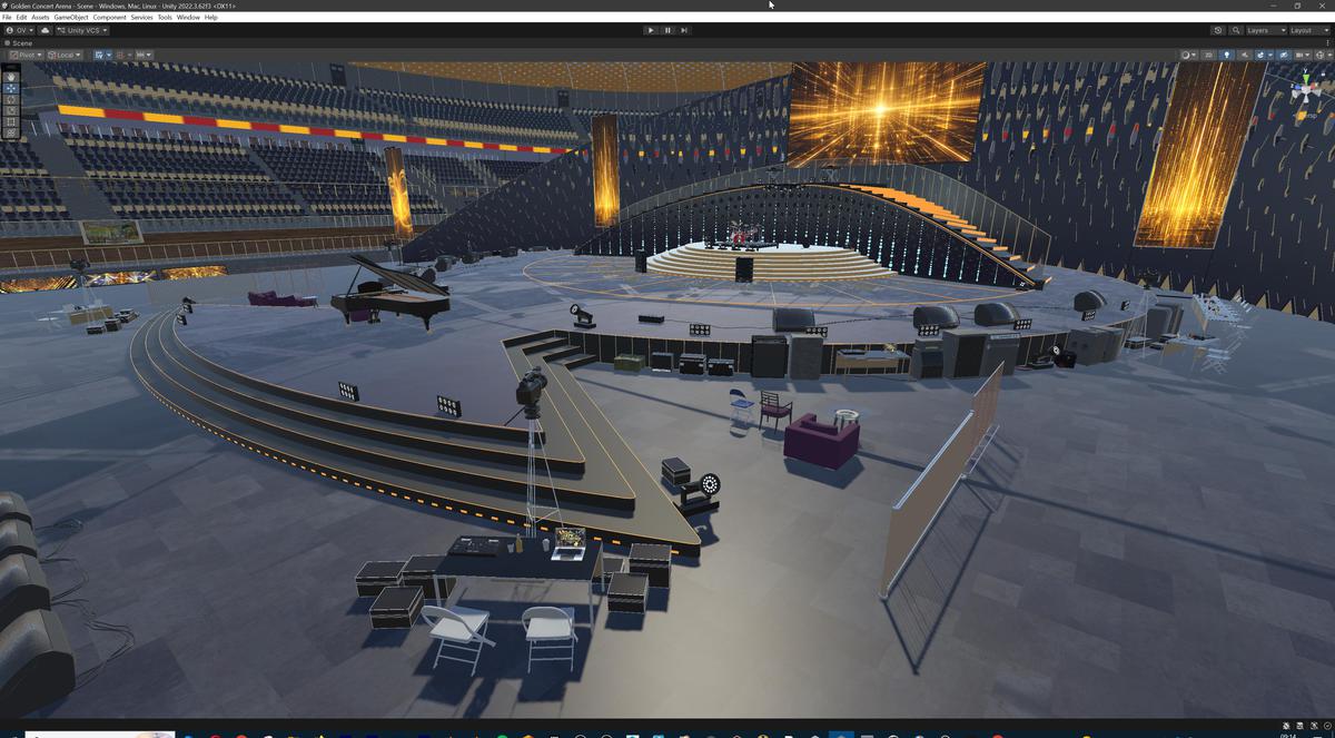 Golden Concert Arena Stadium 3D Model - Futuristic Environment with Stage, Props
