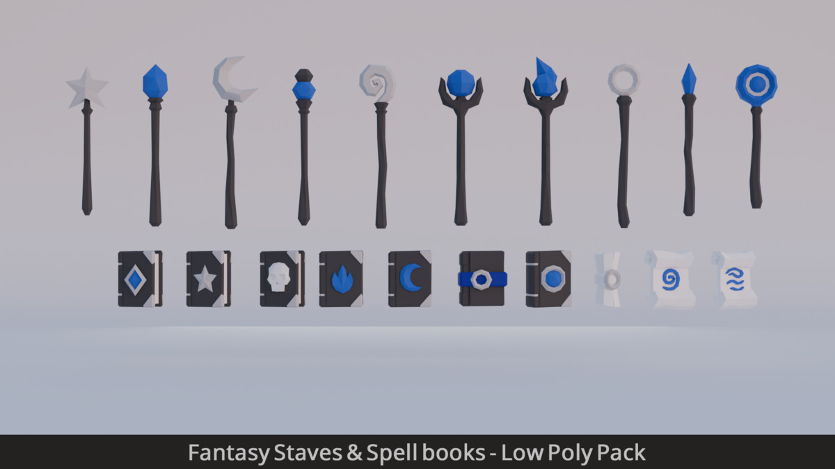 Fantasy Staves & Spell books - Low Poly Pack