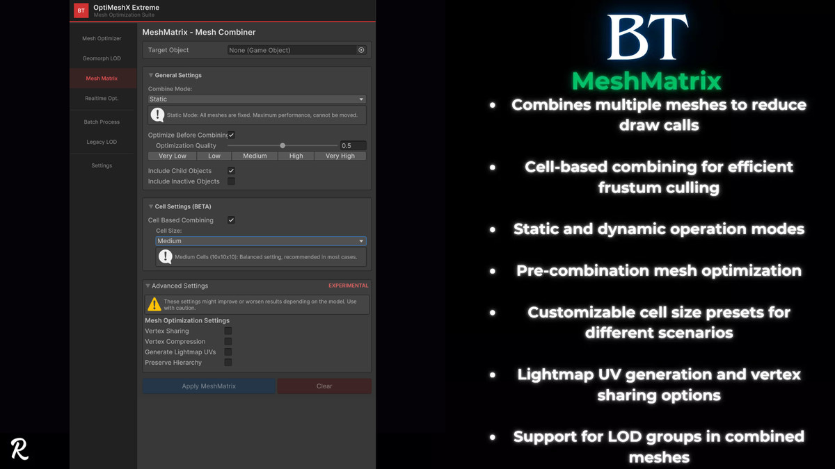 BT-OptiMeshX Extreme: Realtime Mesh Optimization, Geomorph LOD & Mesh Matrix