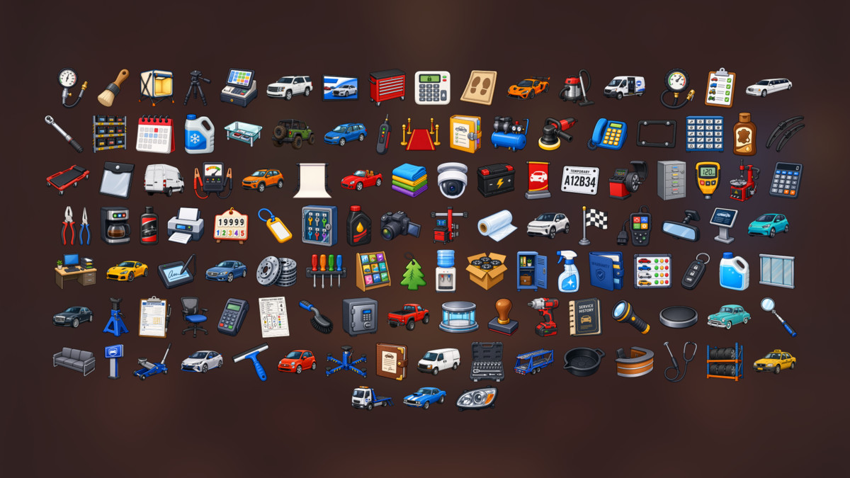 Car Dealership Auto Service Garage Vehicle Sales Management Icons Pack