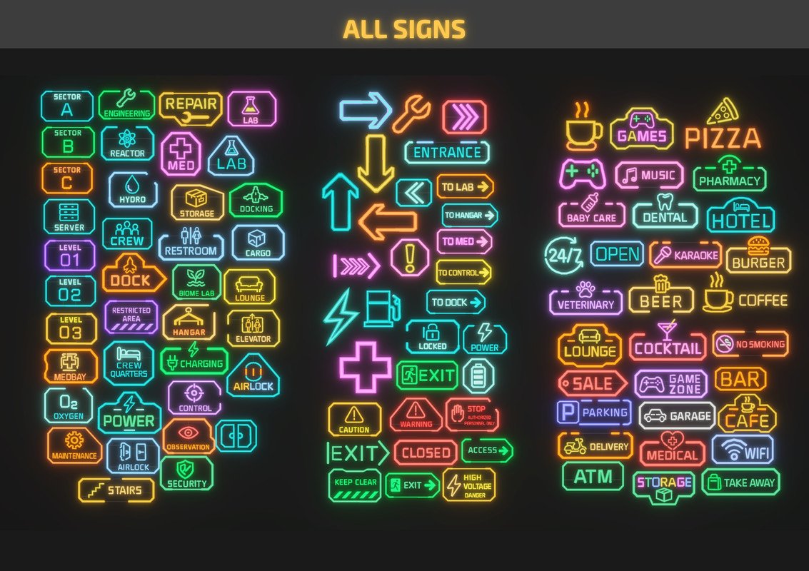 Low Poly Sci-Fi Neon Signs / Cosmic Retro