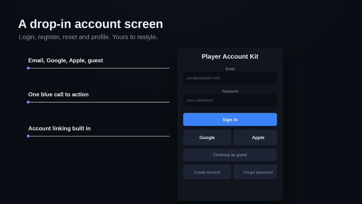 Player Account Player Account Kit - Login, Cloud Save & Profiles (Firebase Auth)