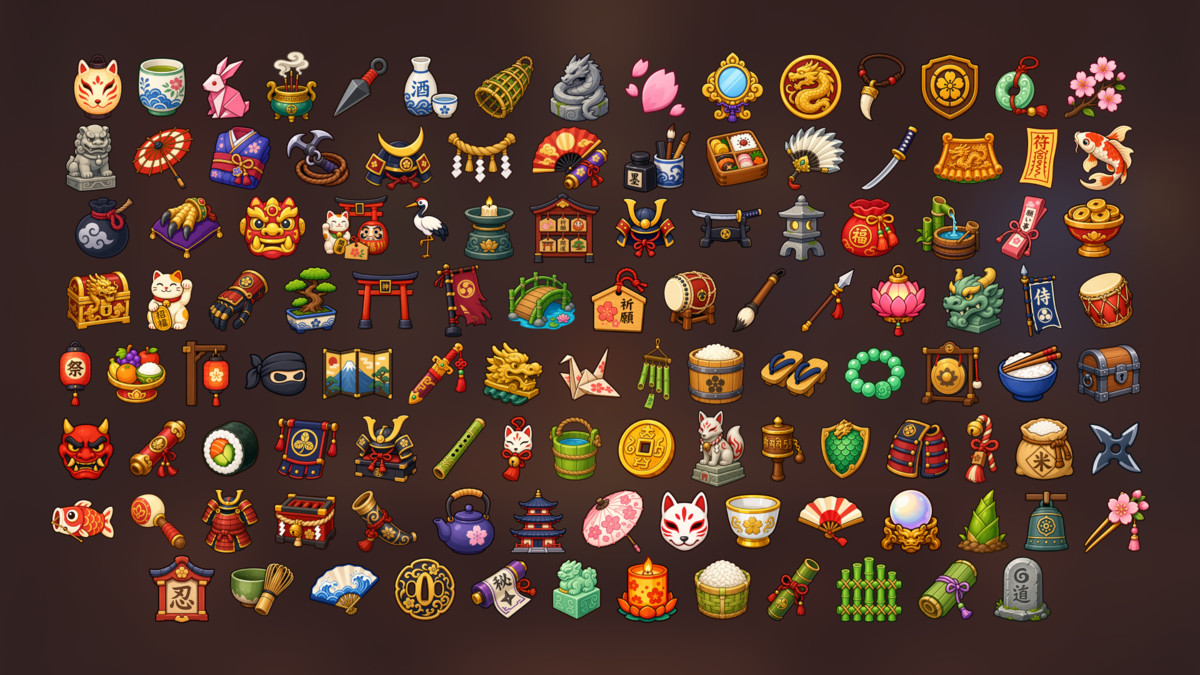 Japanese Culture Samurai Ninja Shrine Festival Icons Pack