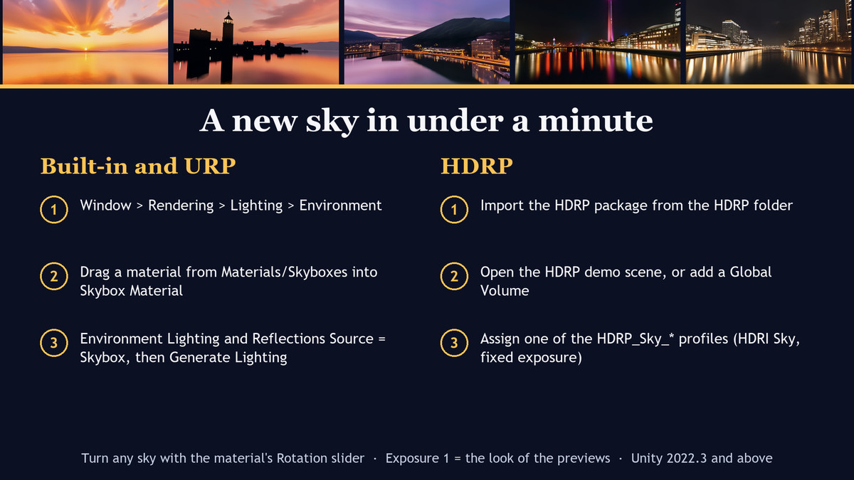 Waterfront Cities Sunset to Night - 8K True HDR Skyboxes (URP, HDRP)