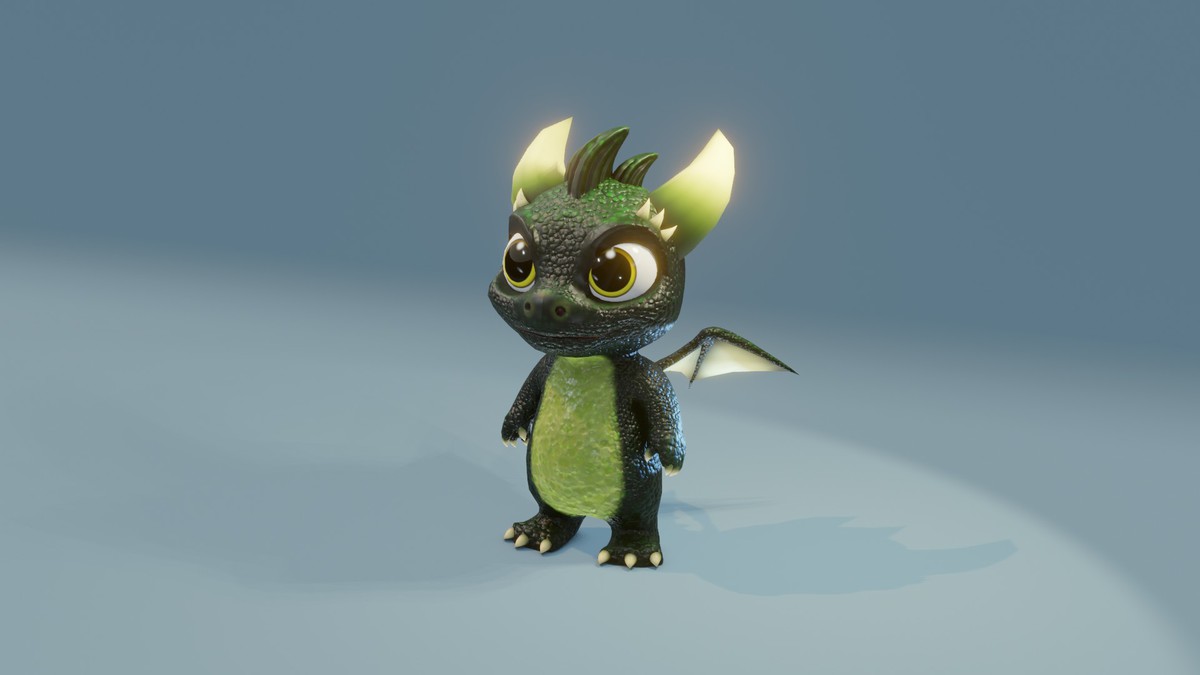 Cartoon Dark Green Baby Dragon 3D Model & 5 Music Tracks & 36 Sound Effects