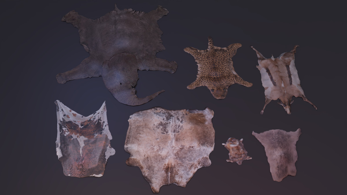 Animal pelts volume five: elephant, cow, calf, leopard, rabbit, antelope 4k URP