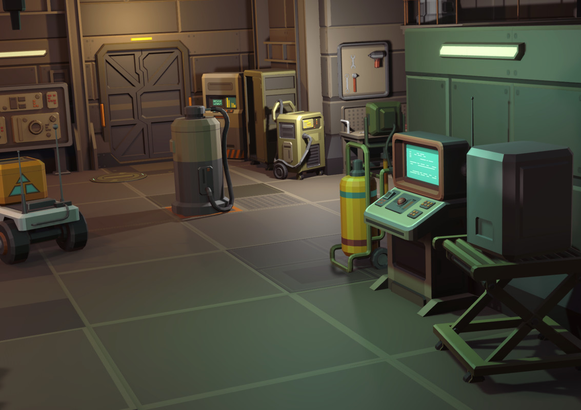 Low Poly Sci-Fi Hangar 90+ Cosmic Retro Props & Environment