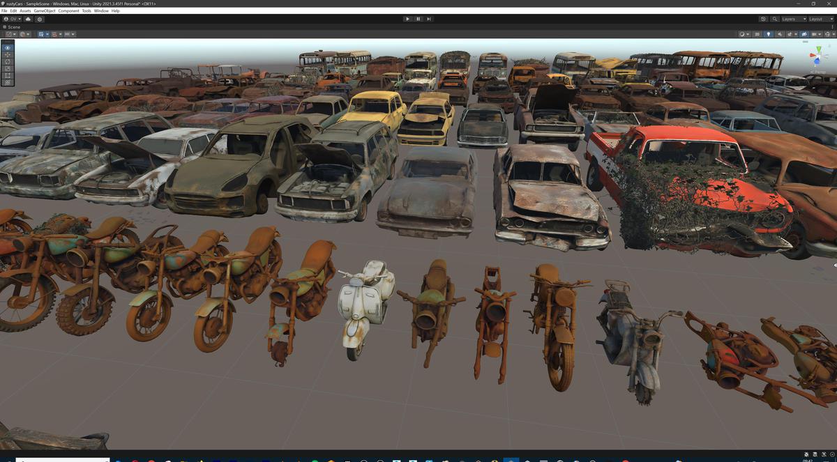 Old Abandoned Junk Rusty Vehicles 3d Game Ready Set (Car, Bus, Motorcycle, Bike)