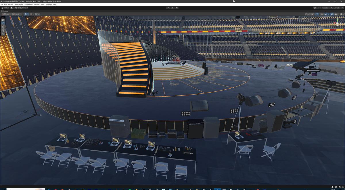 Golden Concert Arena Stadium 3D Model - Futuristic Environment with Stage, Props