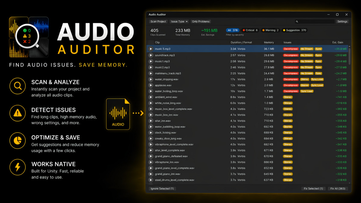 Audio Auditor - Optimize Audio Memory & Import Settings