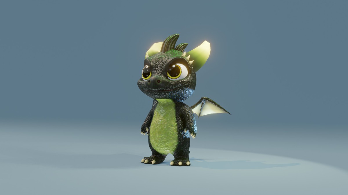Cartoon Dark Green Baby Dragon 3D Model (Low-Poly, Game-Ready, Built-In)