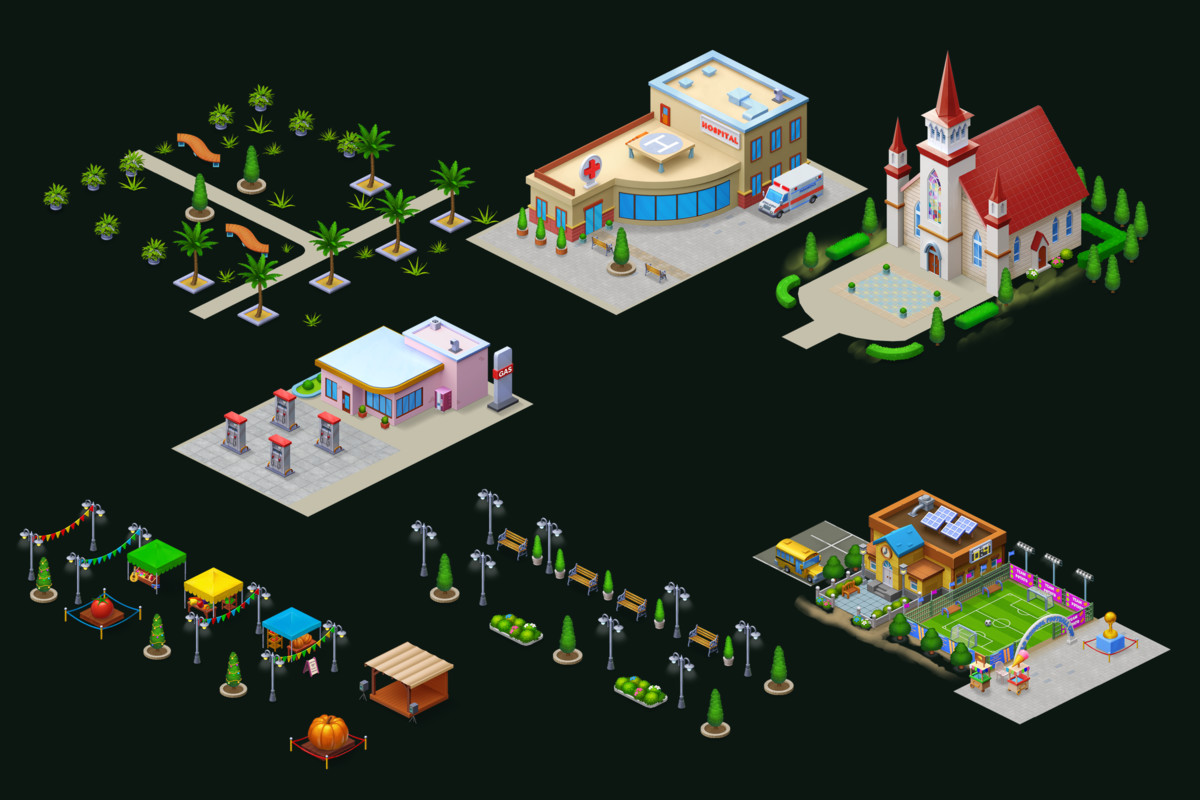 Isometric Public Buildings and Areas Pack
