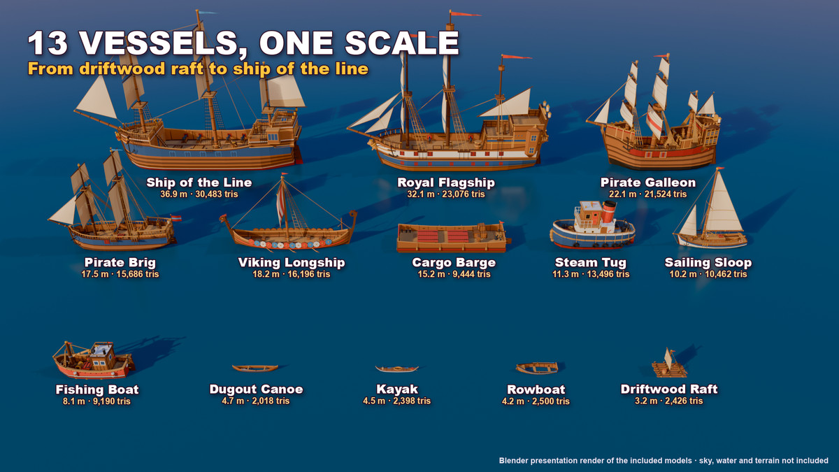 Stylized Pirate Ships & Boats: 13 Vessels + Harbour Dock Kit