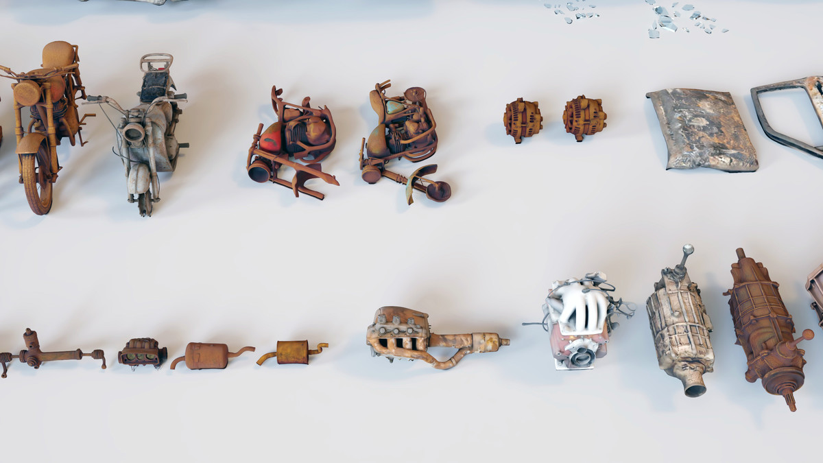 Old Abandoned Junk Rusty Vehicles 3d Game Ready Set (Car, Bus, Motorcycle, Bike)