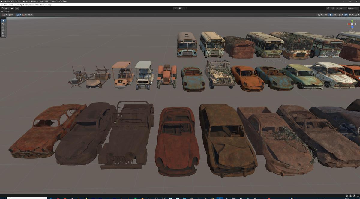 Old Abandoned Junk Rusty Vehicles 3d Game Ready Set (Car, Bus, Motorcycle, Bike)