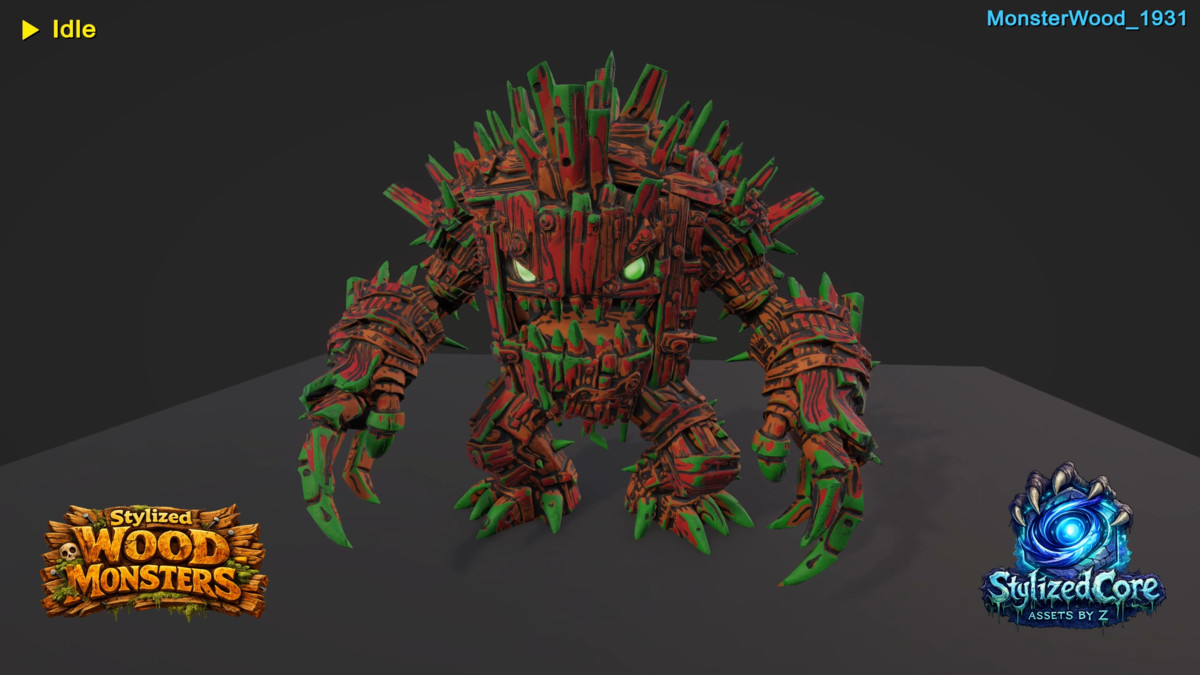Stylized Wood Monster – Spiked Variant (Animated, LOD, Skins)