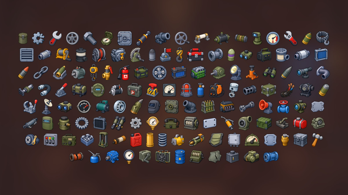 Military Equipment Industrial Machinery Mechanical Parts Repair Icons Pack