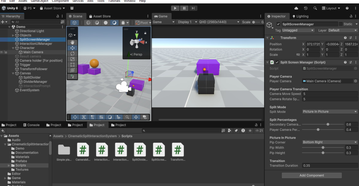 Cinematic split screen interaction system
