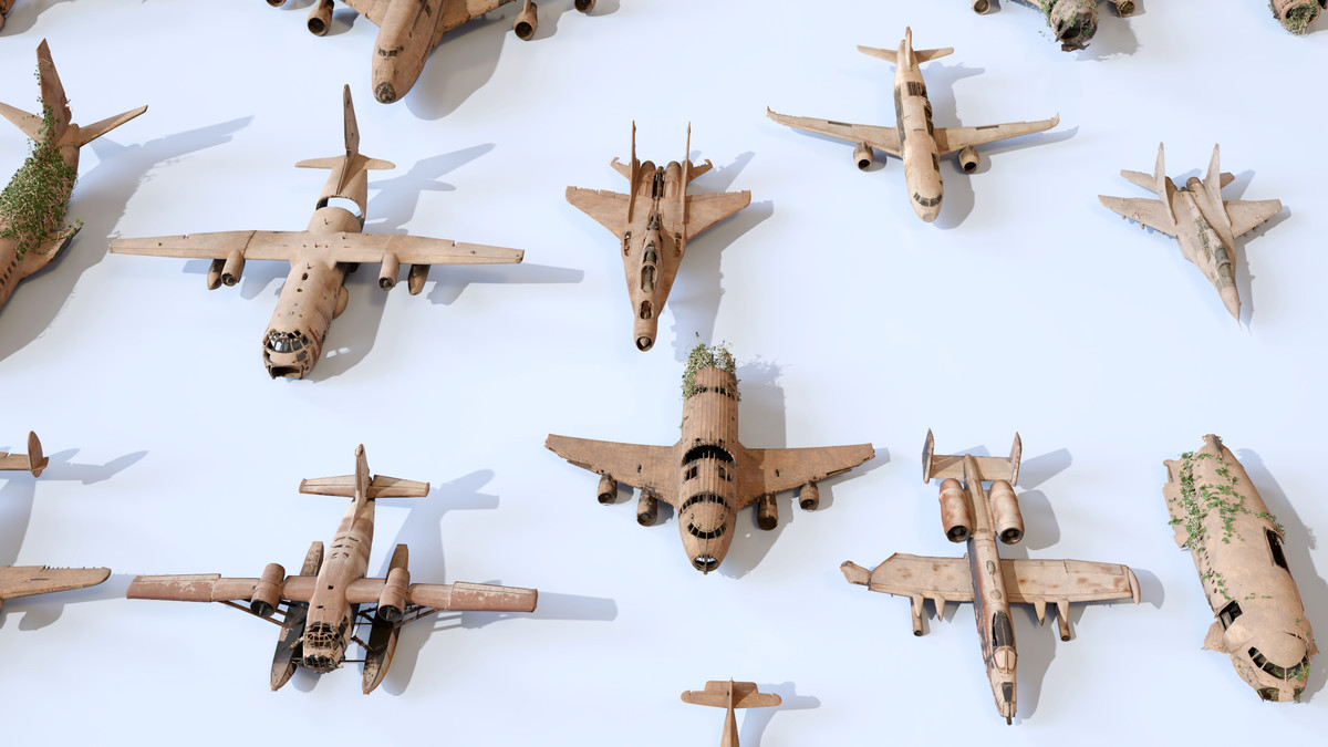 Old Abandoned Junk Rusty Aircraft and Helicopter Set 3d Game Ready Modular Props