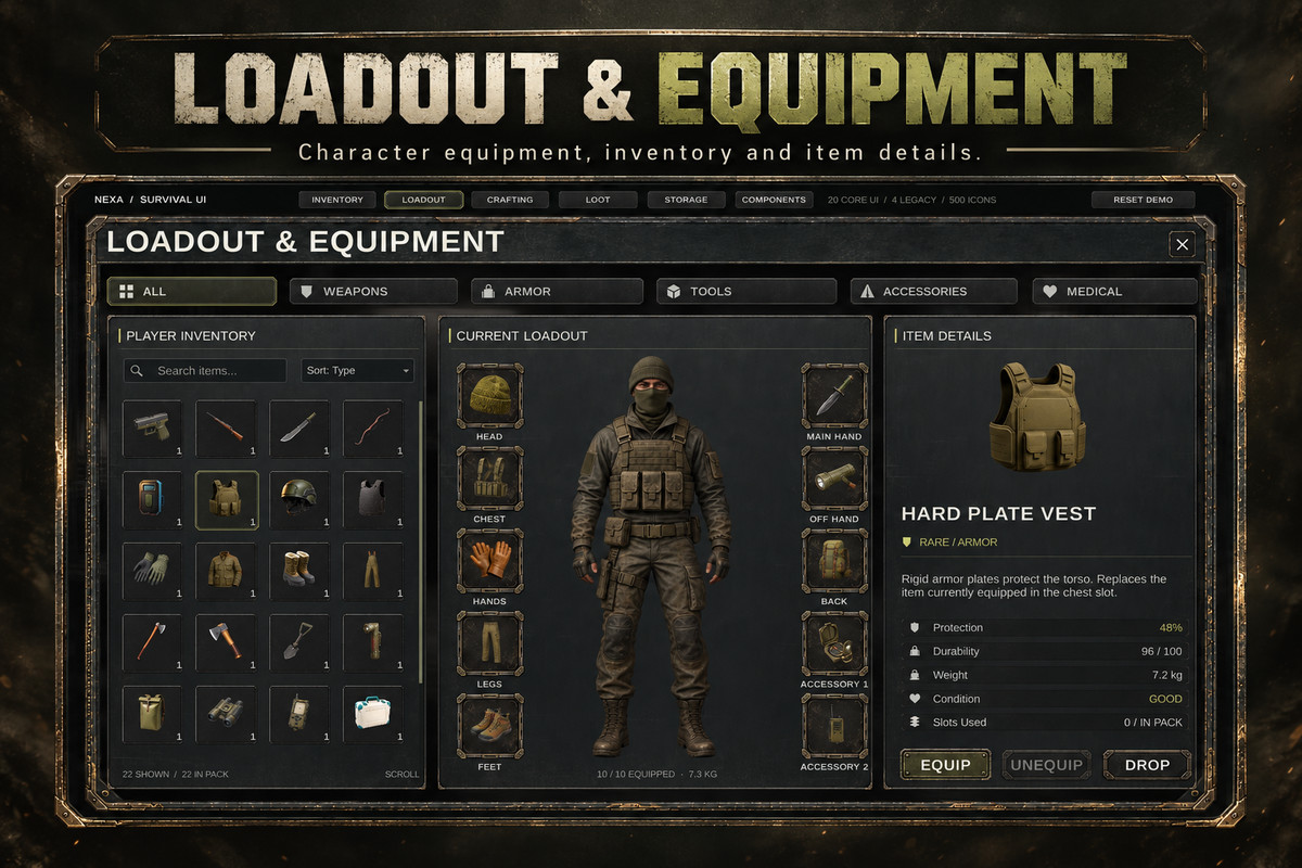 Survival UI Kit – 500 Icons & 5 Demo Screens