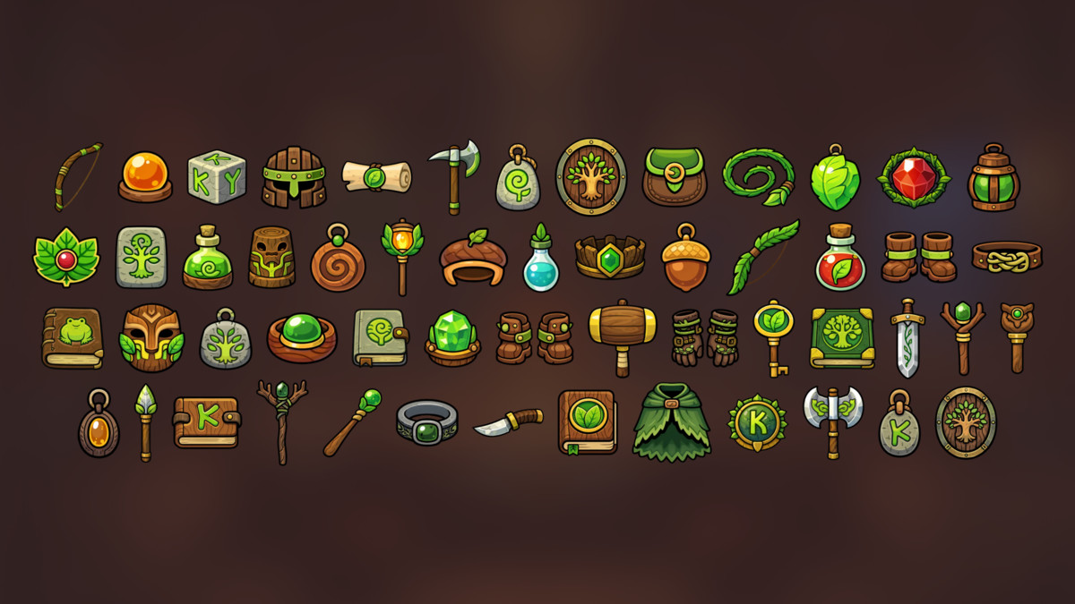 Nature Druid Equipment Relics Forest Magic Icons Pack RPG Strategy Adventure