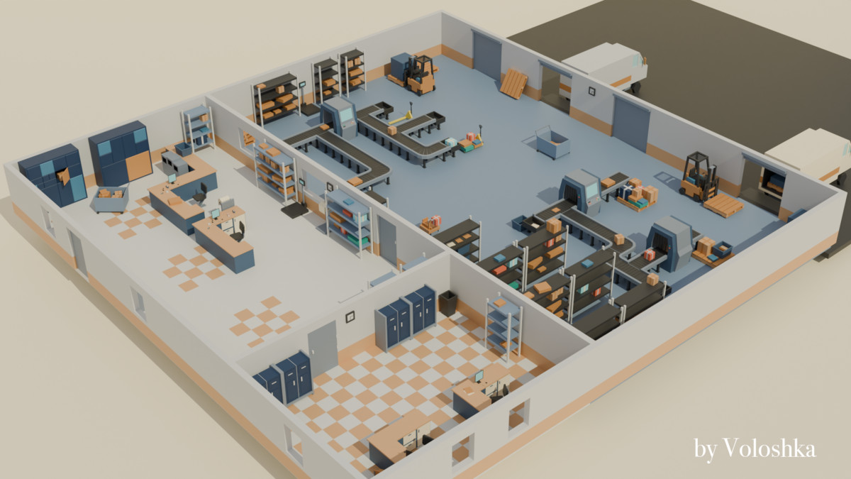 Modular Post Office & Sorting Center Low-Poly