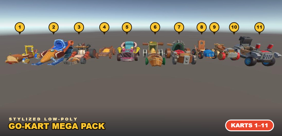 Stylized Low-Poly Go-Kart Mega Pack: 85+ 3D Vehicle Prefabs