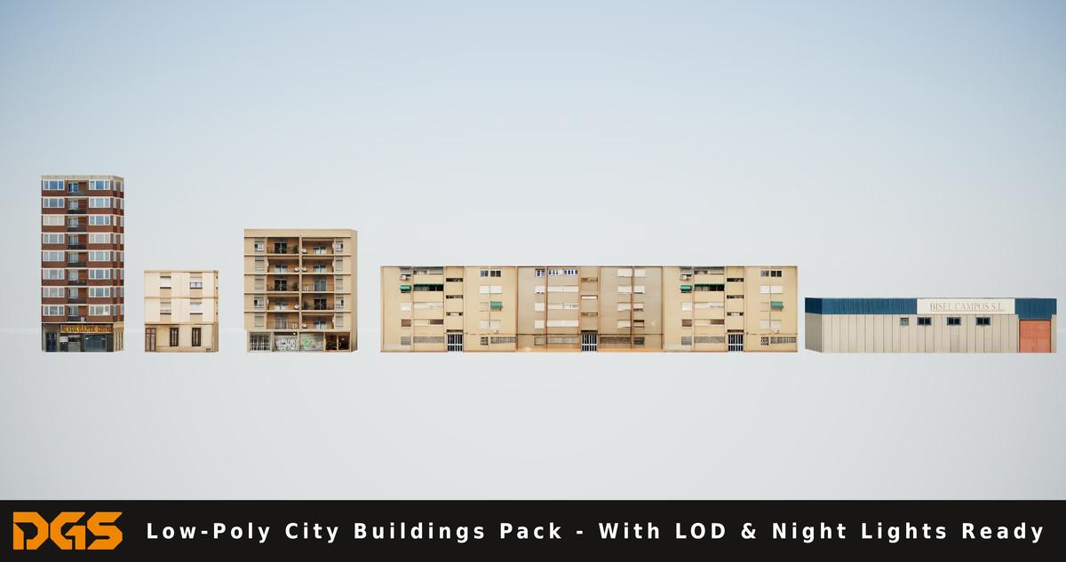 Low-Poly City Buildings Pack - With LOD & Night Lights Ready