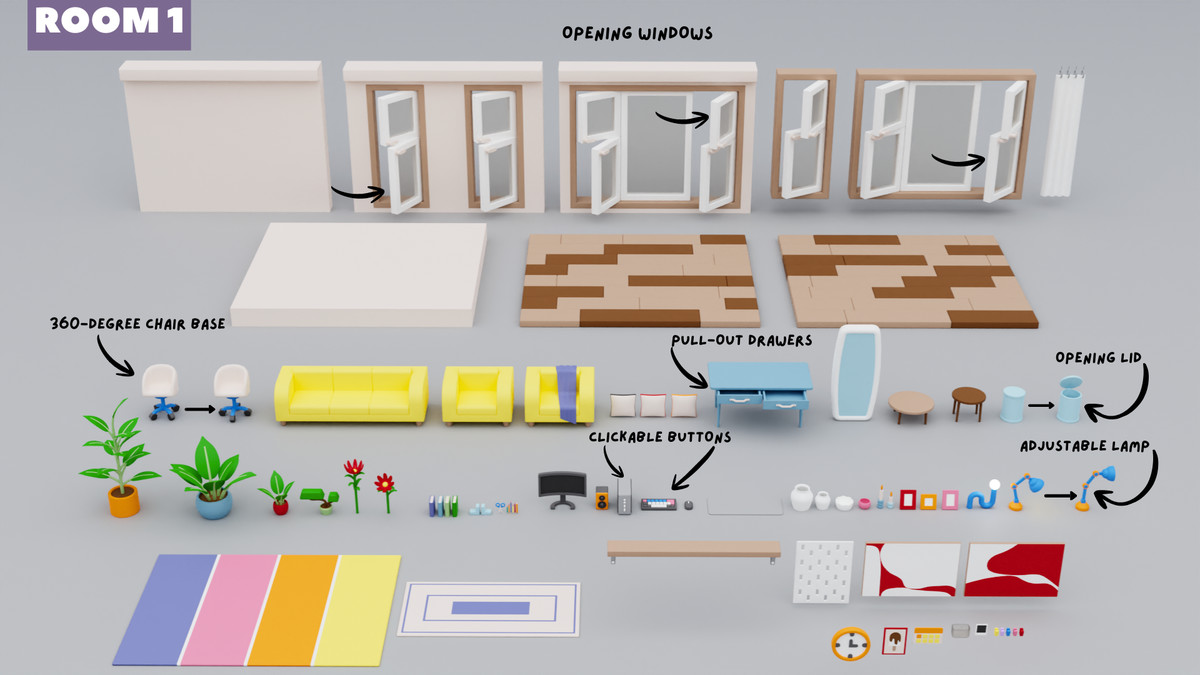 Cartoon Interactive Rooms & Furniture - Cozy Interior Pack