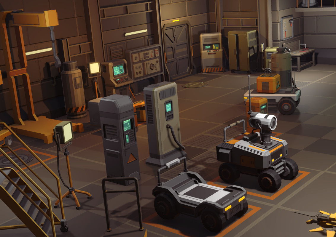 Low Poly Sci-Fi Hangar 90+ Cosmic Retro Props & Environment