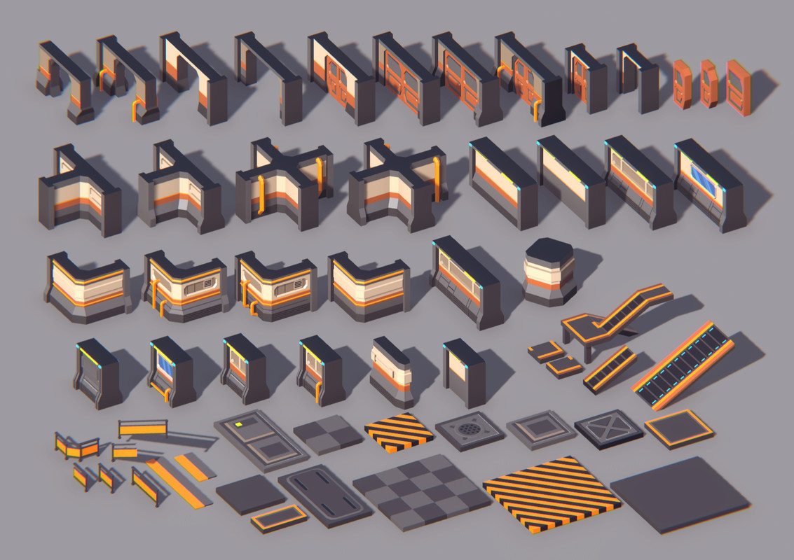 Low Poly Sci-Fi Modular Kit - Space Station Walls, Floors & Doors (URP)