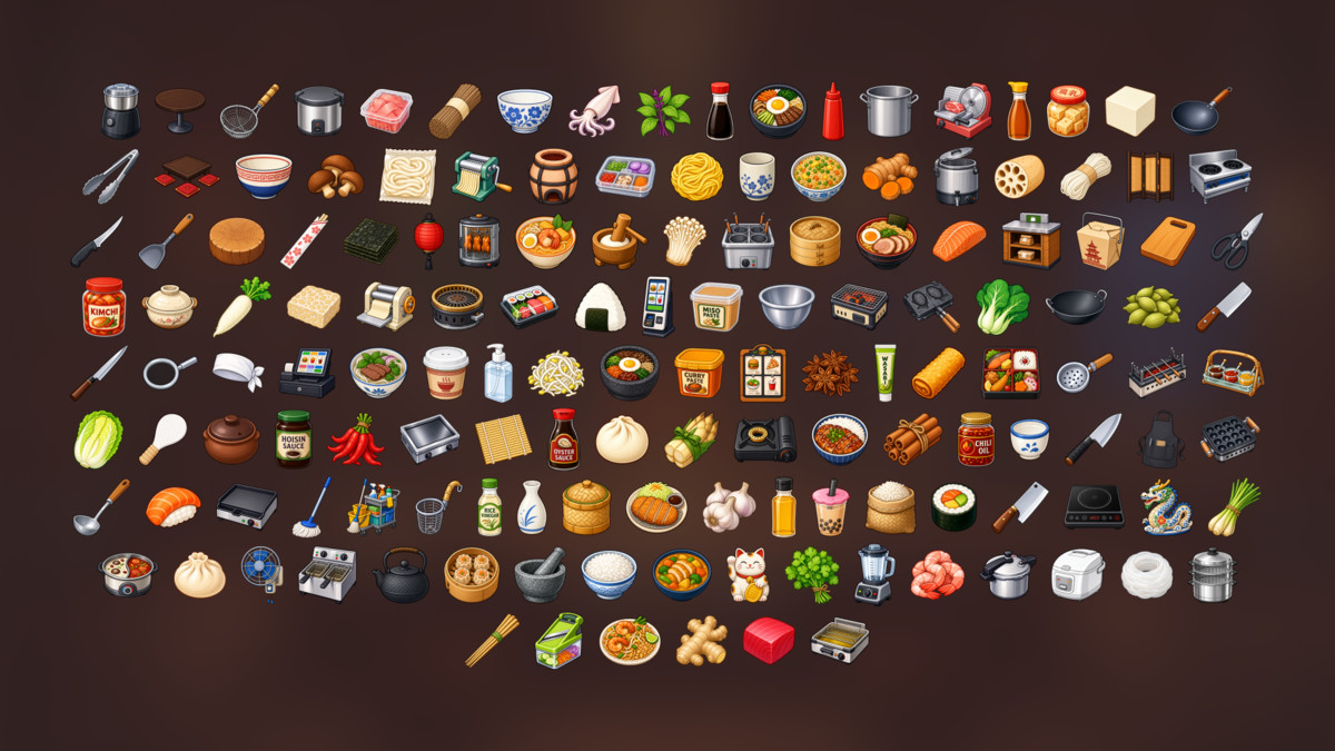 Asian Cuisine Restaurant Sushi Ramen Food Kitchen Cooking Icons Pack