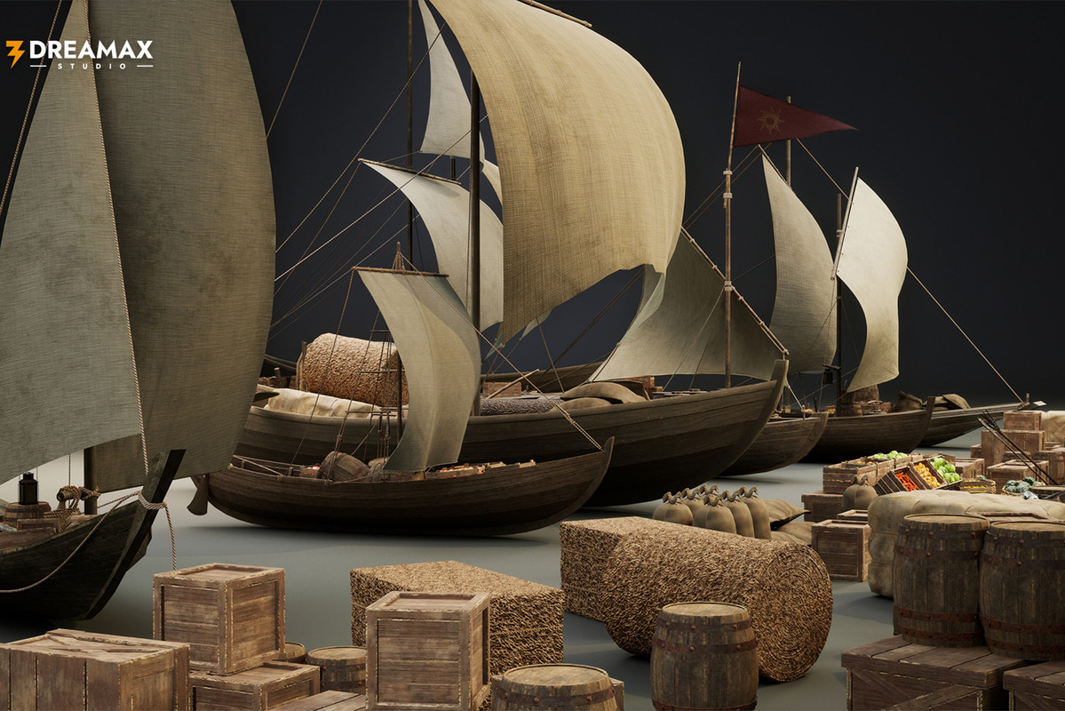 Medieval Sailing Boats & Harbor Market Props Pack – Cargo, Market & Dock Assets