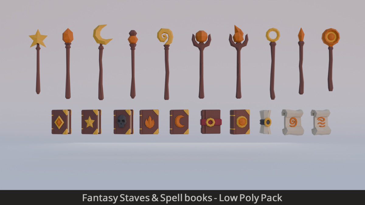 Fantasy Staves & Spell books - Low Poly Pack