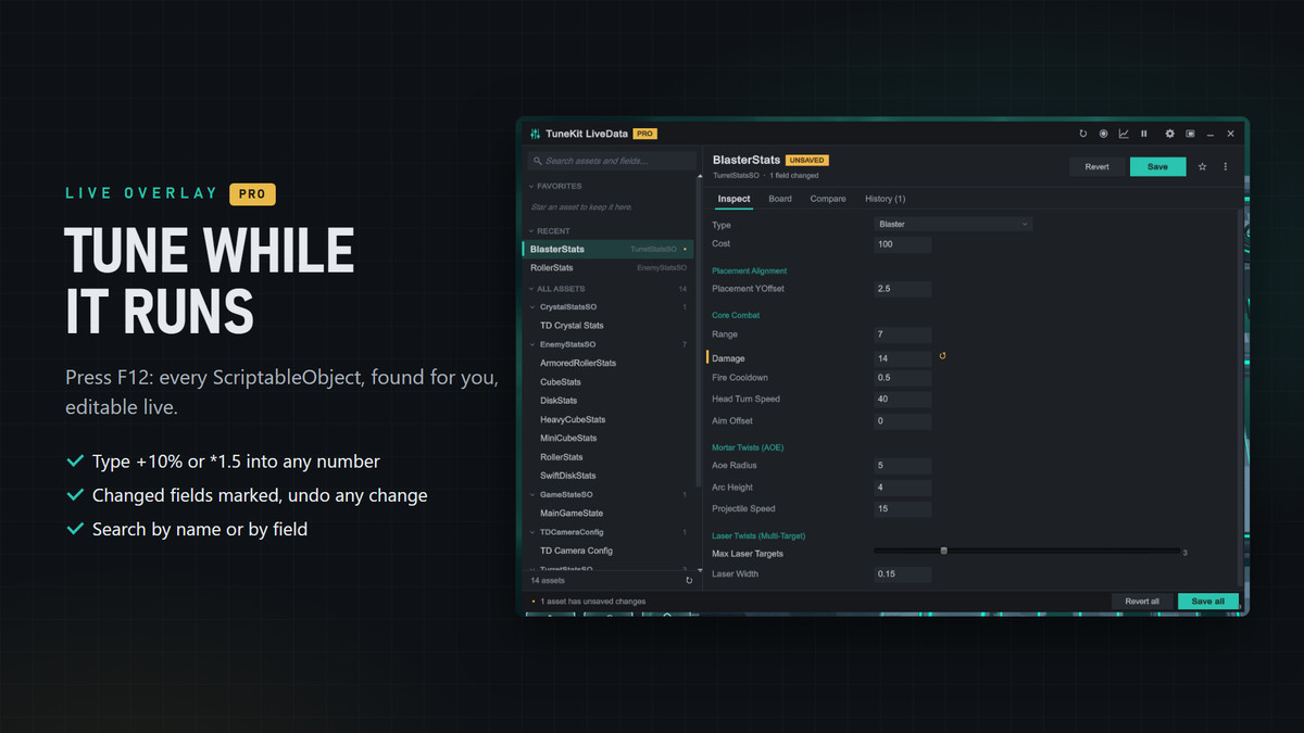 Runtime ScriptableObject Tuner - TuneKit LiveData