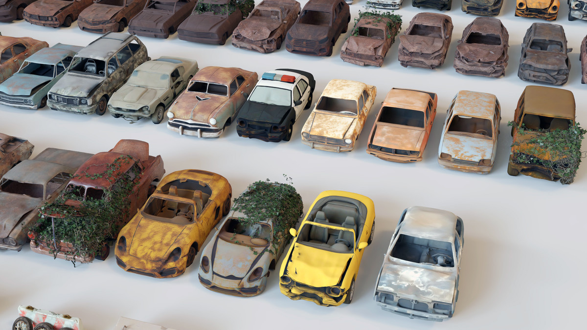 Old Abandoned Junk Rusty Vehicles 3d Game Ready Set (Car, Bus, Motorcycle, Bike)