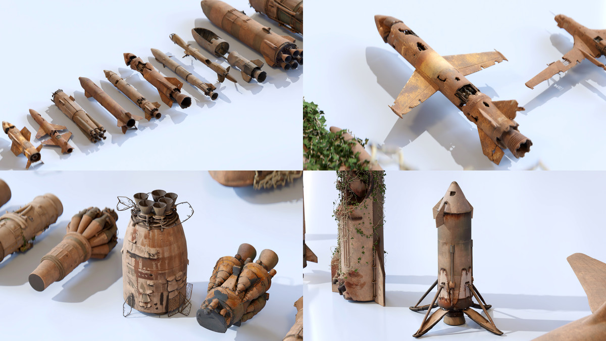 Old Abandoned Junk Rusty Aircraft and Helicopter Set 3d Game Ready Modular Props
