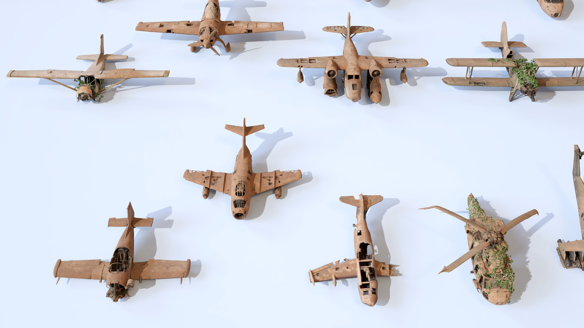 Old Abandoned Junk Rusty Aircraft and Helicopter Set 3d Game Ready Modular Props