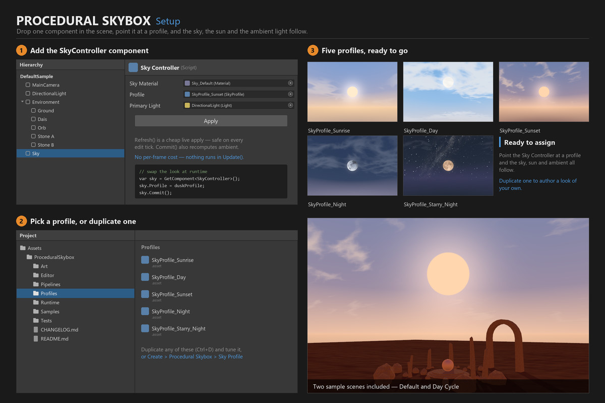 Procedural Dynamic Skybox: Day & Night Cycle with Stars, Clouds & Moon