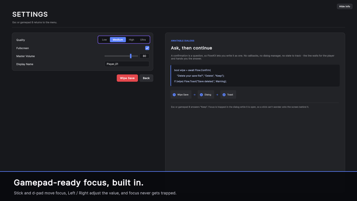 FlowKit — Screen Flow & Gamepad Navigation for UI Toolkit