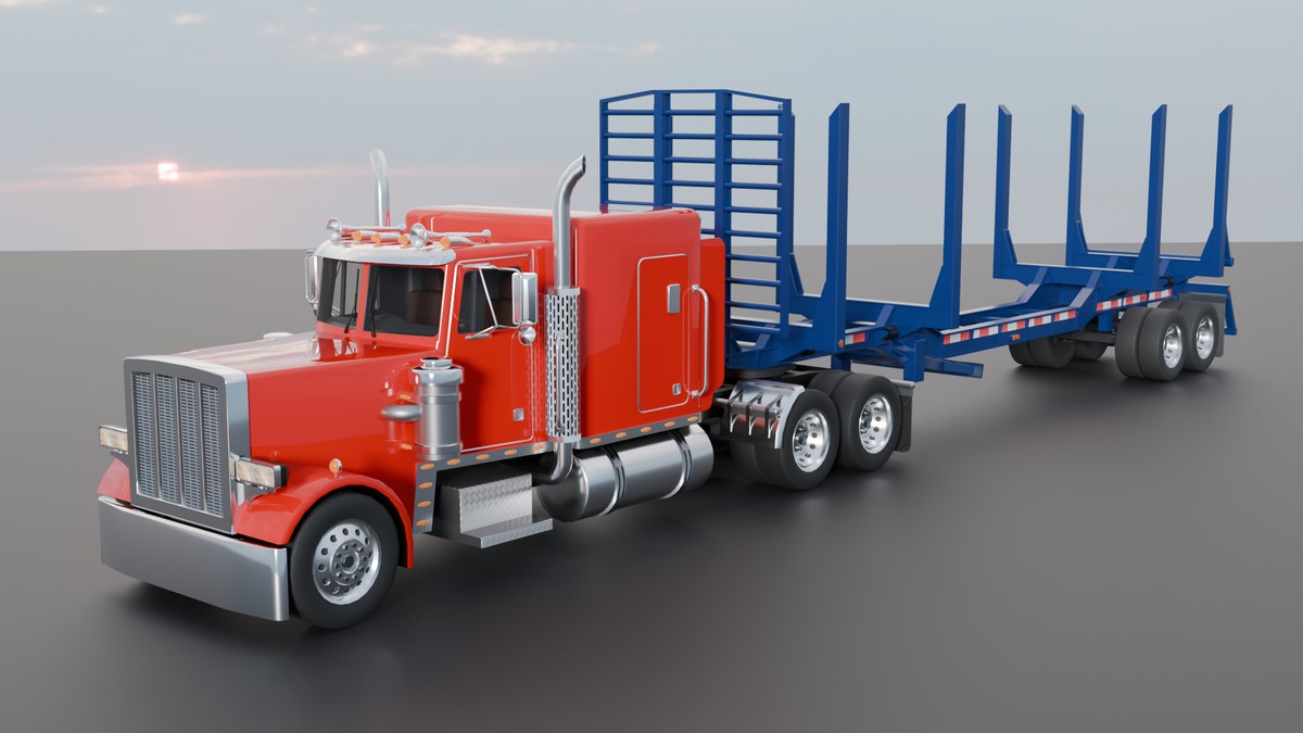 American Semi Truck + Logging Trailer | Interior, Modular, 4 Wood Log | PBR