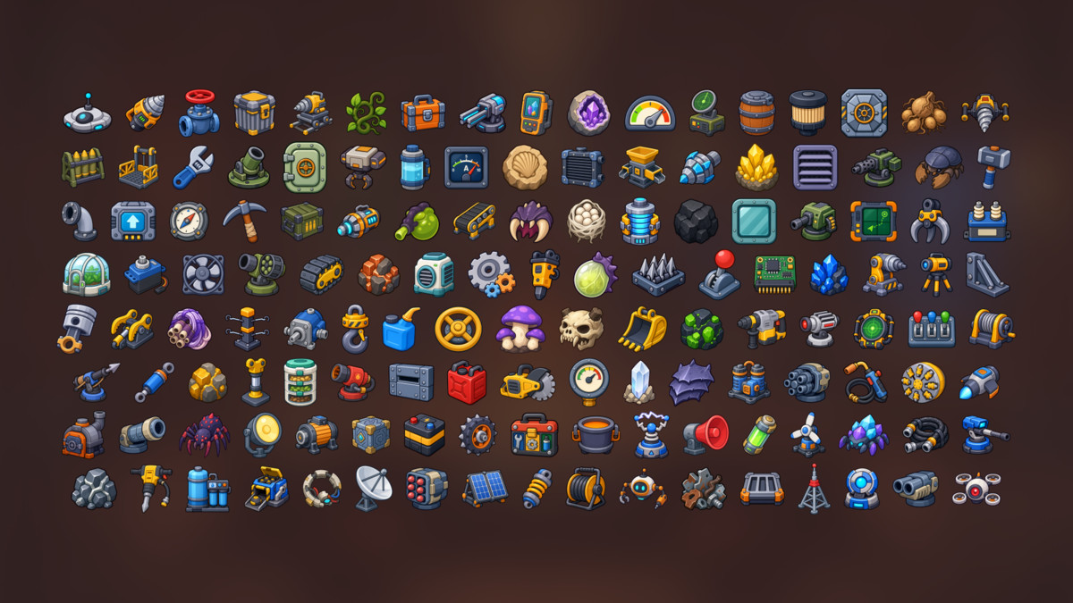 Sci-Fi Base Machinery Alien Tech Mining Defense Equipment Icons Pack