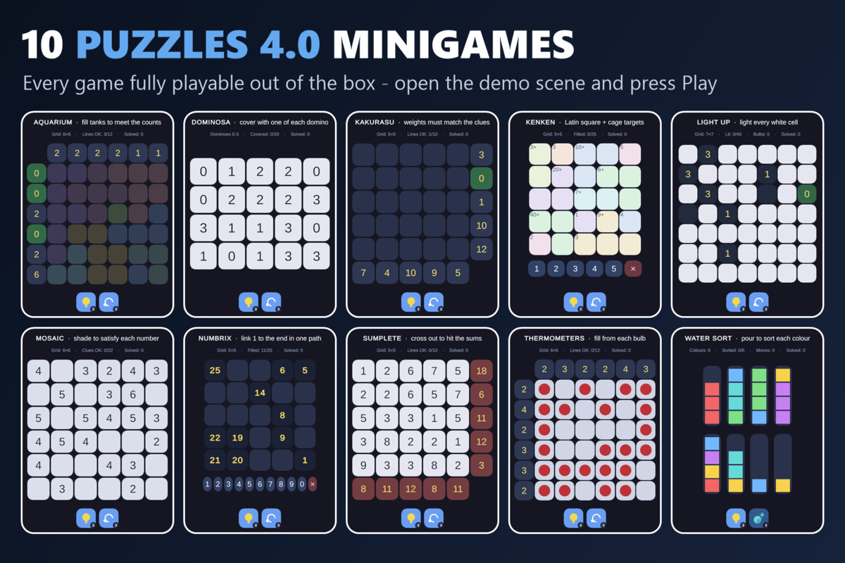 Mini Game Templates Puzzles 4.0 - 10 Puzzles Starters for Unity