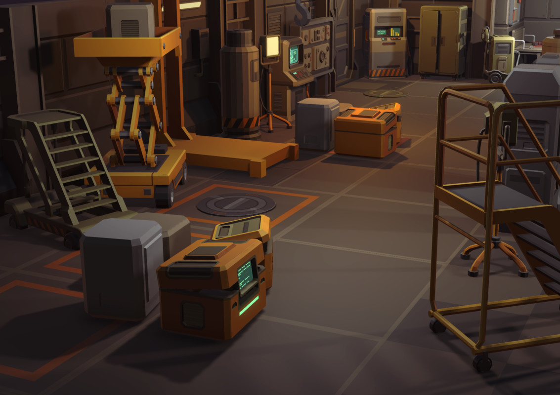 Low Poly Sci-Fi Hangar 90+ Cosmic Retro Props & Environment