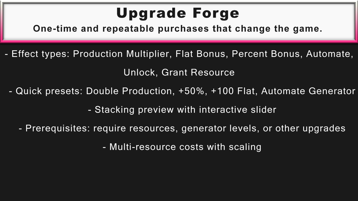 Simple IDLE Forge: No-Code Idle Game Toolkit w/ 4 Playable Demos & JSON support